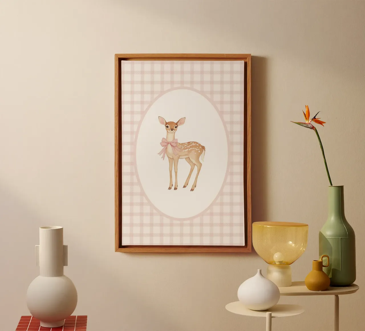 Fawn with Pink Bow canvas with Floater frame by Jungle Joy Art