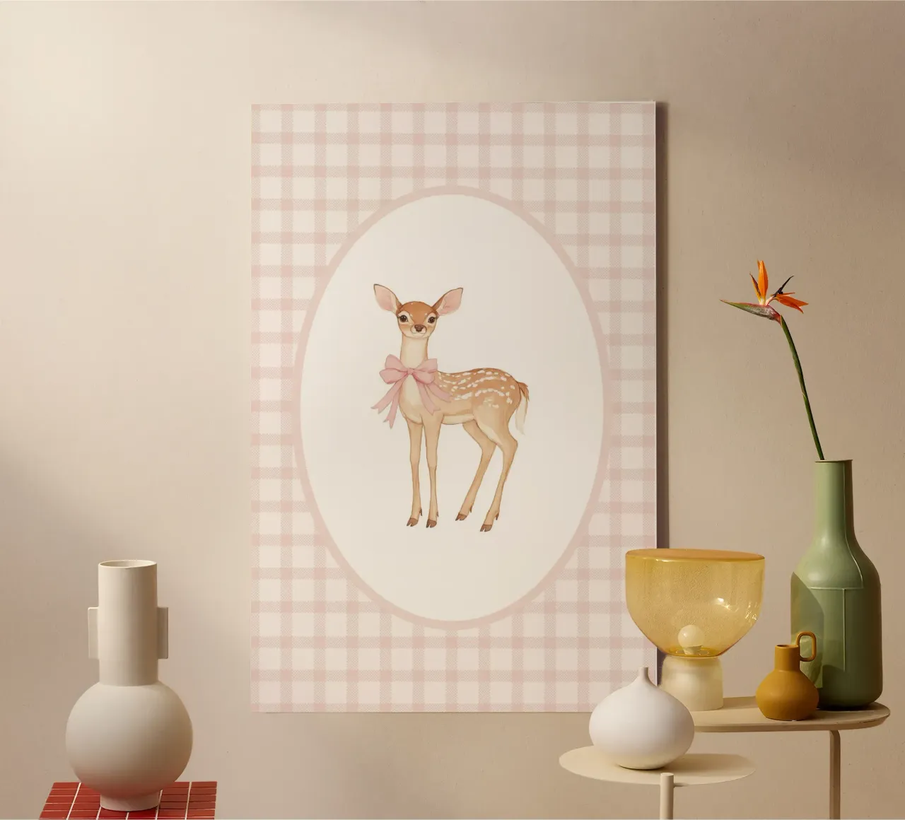 Fawn with Pink Bow canvas with Floater frame by Jungle Joy Art