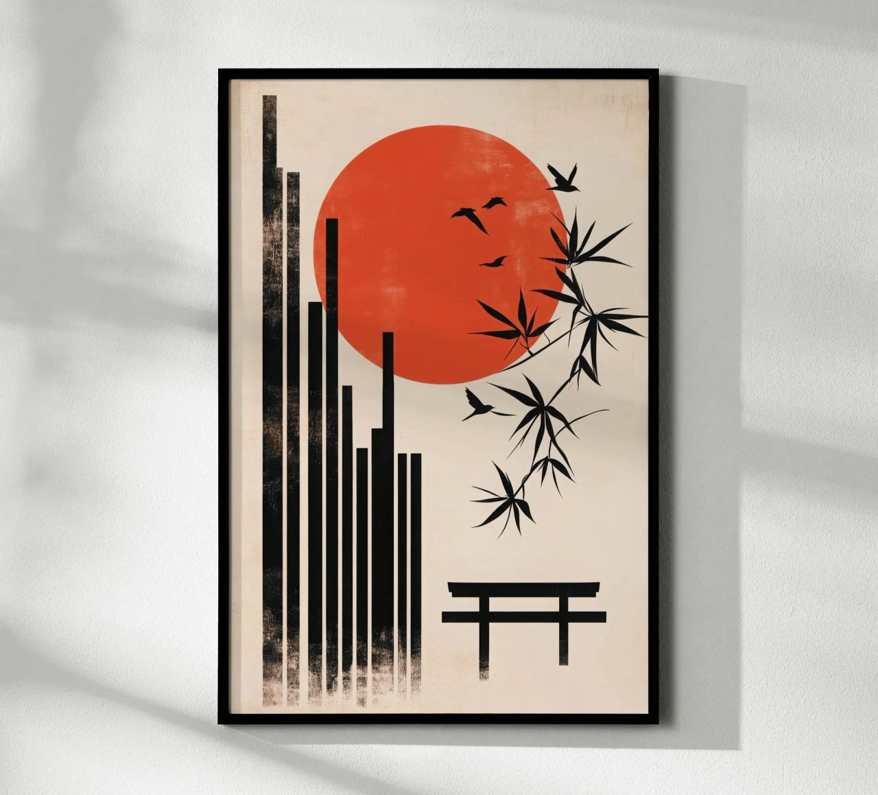 Póster de Japón con bambú, pájaros, sol y santuario sintoísta poster de Autofocus