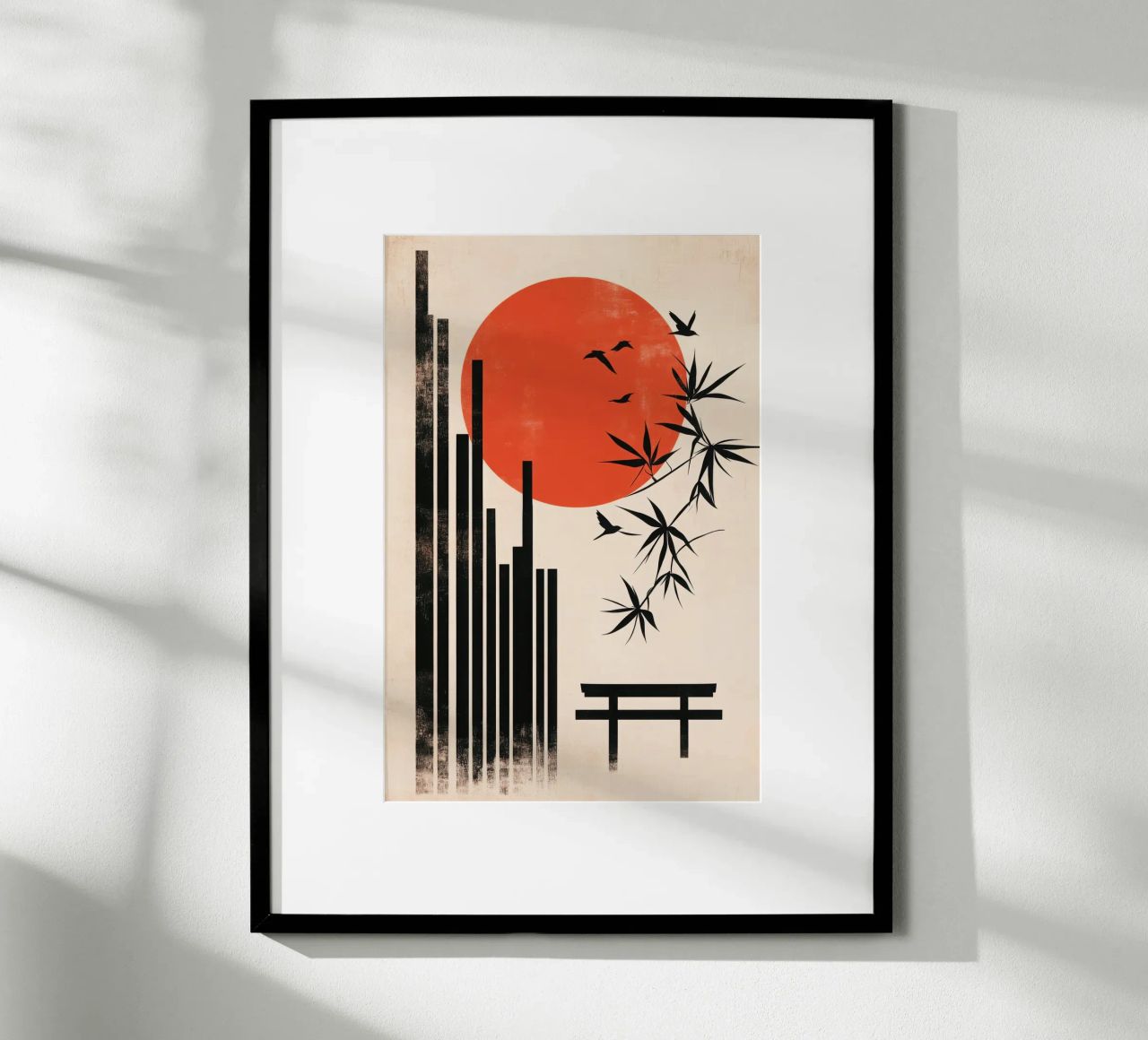 Póster de Japón con bambú, pájaros, sol y santuario sintoísta poster de Autofocus