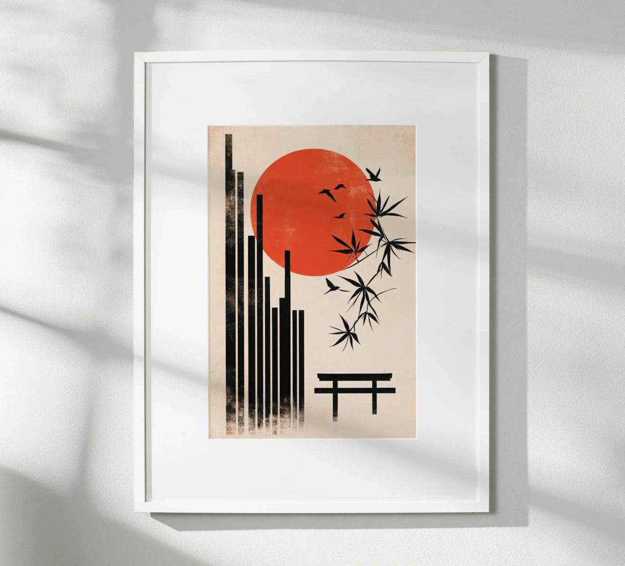 Póster de Japón con bambú, pájaros, sol y santuario sintoísta poster de Autofocus