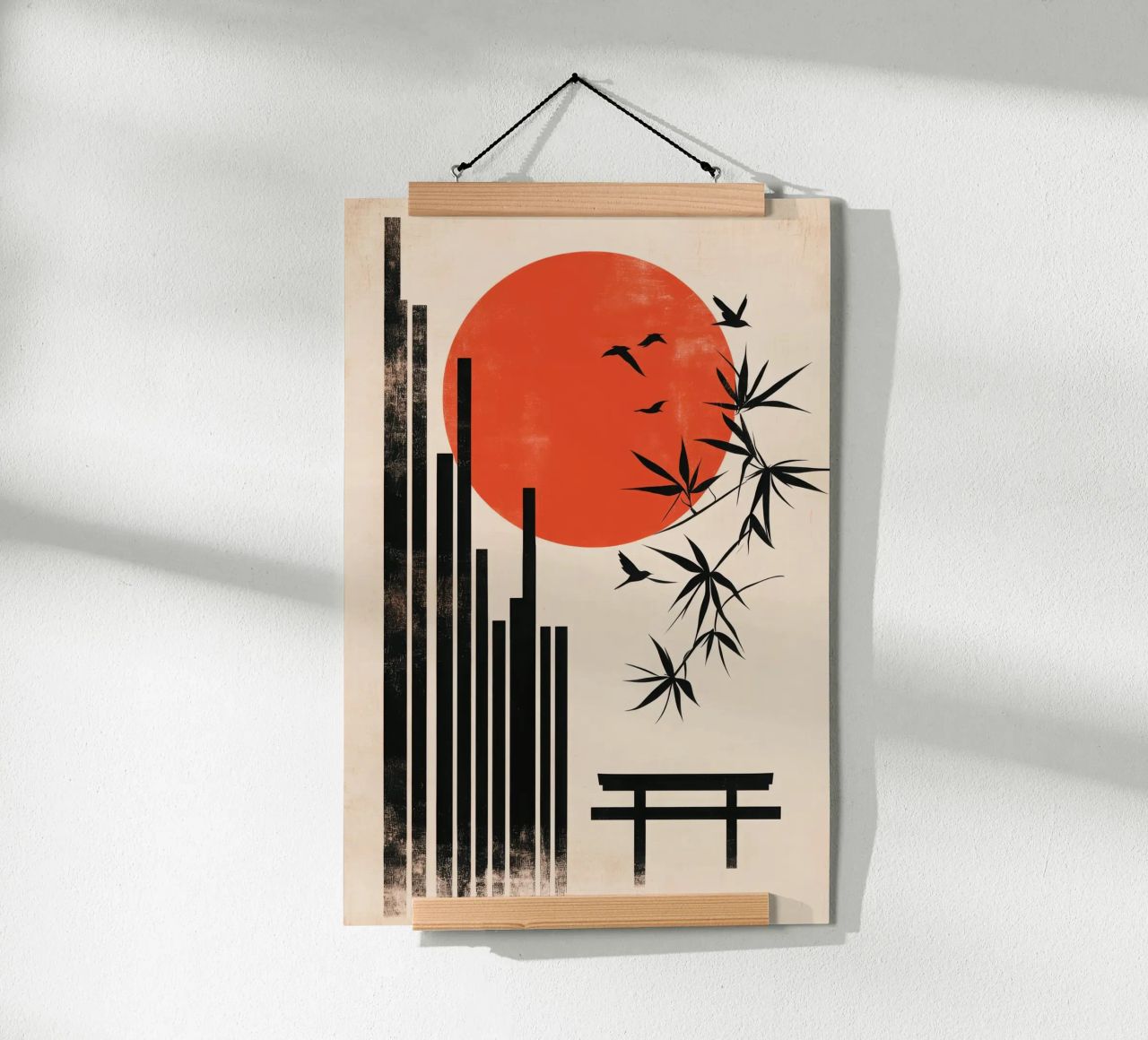 Póster de Japón con bambú, pájaros, sol y santuario sintoísta poster de Autofocus