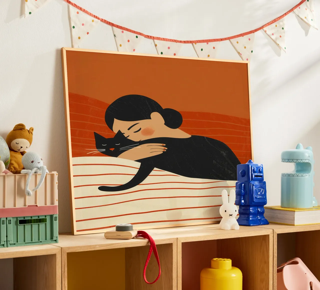 Zwarte katten in bed | kattenposter poster met houten frame van Autofocus