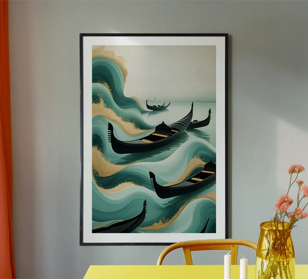 Flowing gondolas on textured Venetian waves poster con telaio in plastica da AlbertKlee