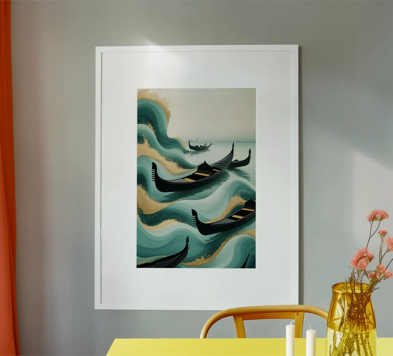 Flowing gondolas on textured Venetian waves poster con telaio in plastica da AlbertKlee