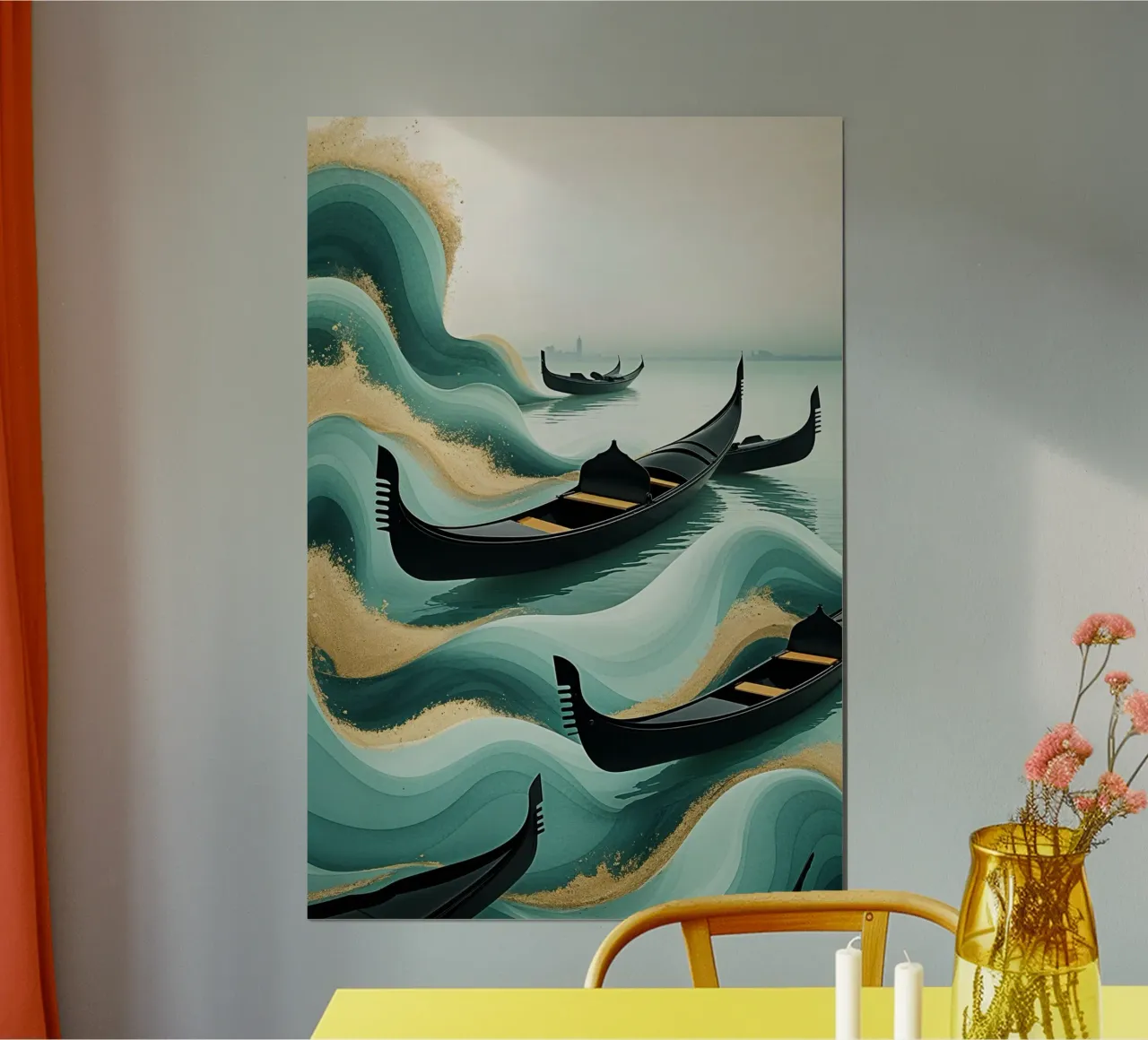 Flowing gondolas on textured Venetian waves poster con telaio in plastica da AlbertKlee
