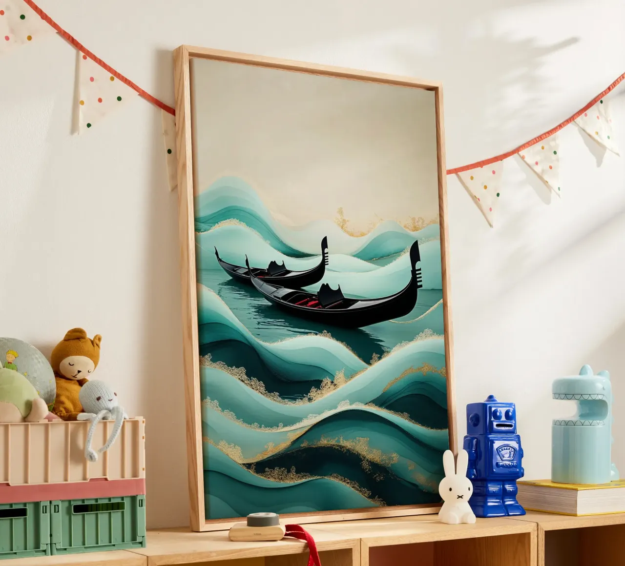 Gentle gondolas amidst rolling golden waves canvas met Baklijst van AlbertKlee