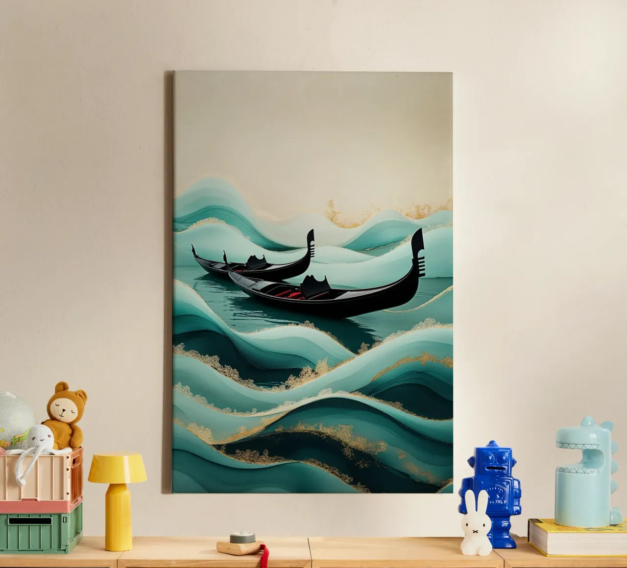 Gentle gondolas amidst rolling golden waves canvas met Baklijst van AlbertKlee