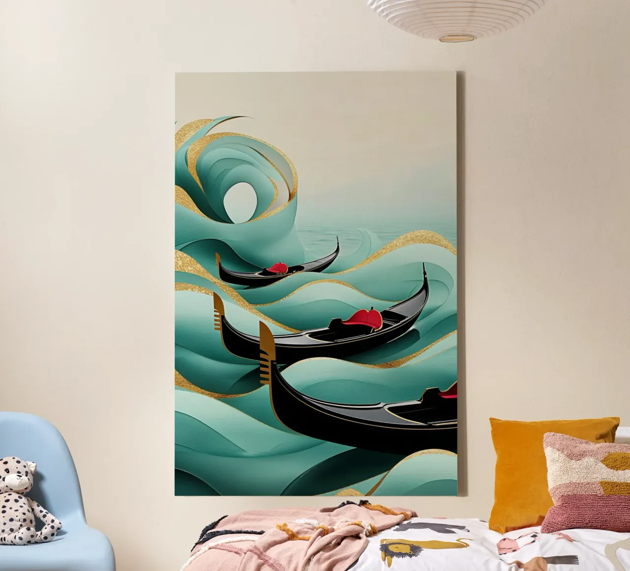 Venetian gondolas riding golden fluid waves tela con Cornice a cassetta da AlbertKlee