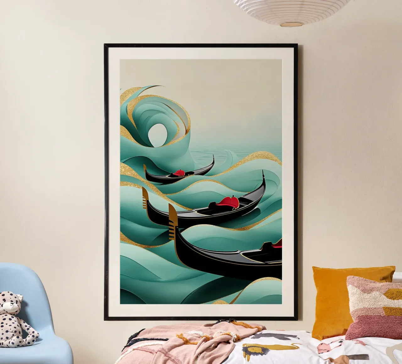 Venetian gondolas riding golden fluid waves poster con telaio in legno da AlbertKlee
