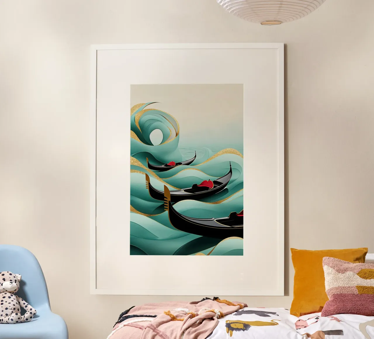 Venetian gondolas riding golden fluid waves poster con telaio in legno da AlbertKlee