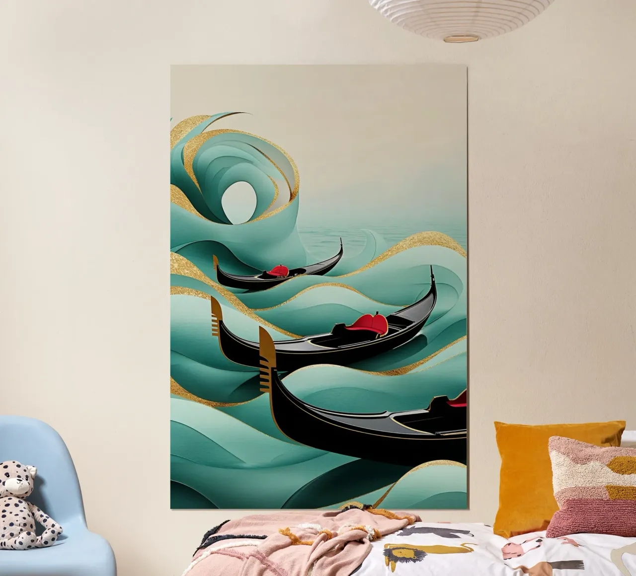 Venetian gondolas riding golden fluid waves poster con telaio in legno da AlbertKlee