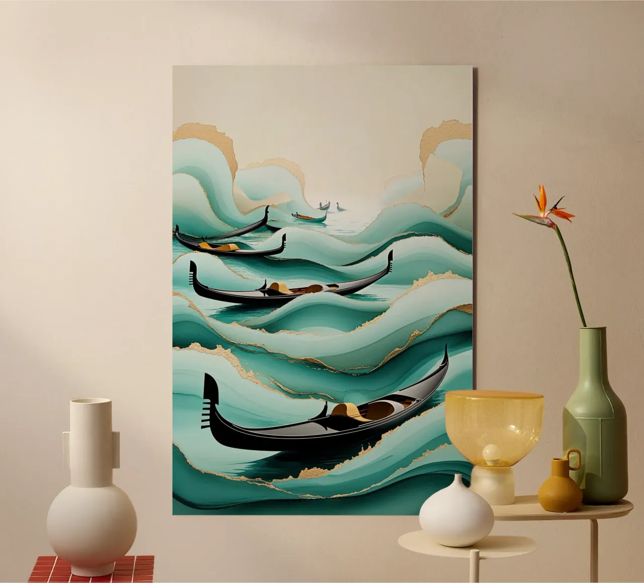 Surreal gondolas amidst textured teal waters pannello forex da AlbertKlee