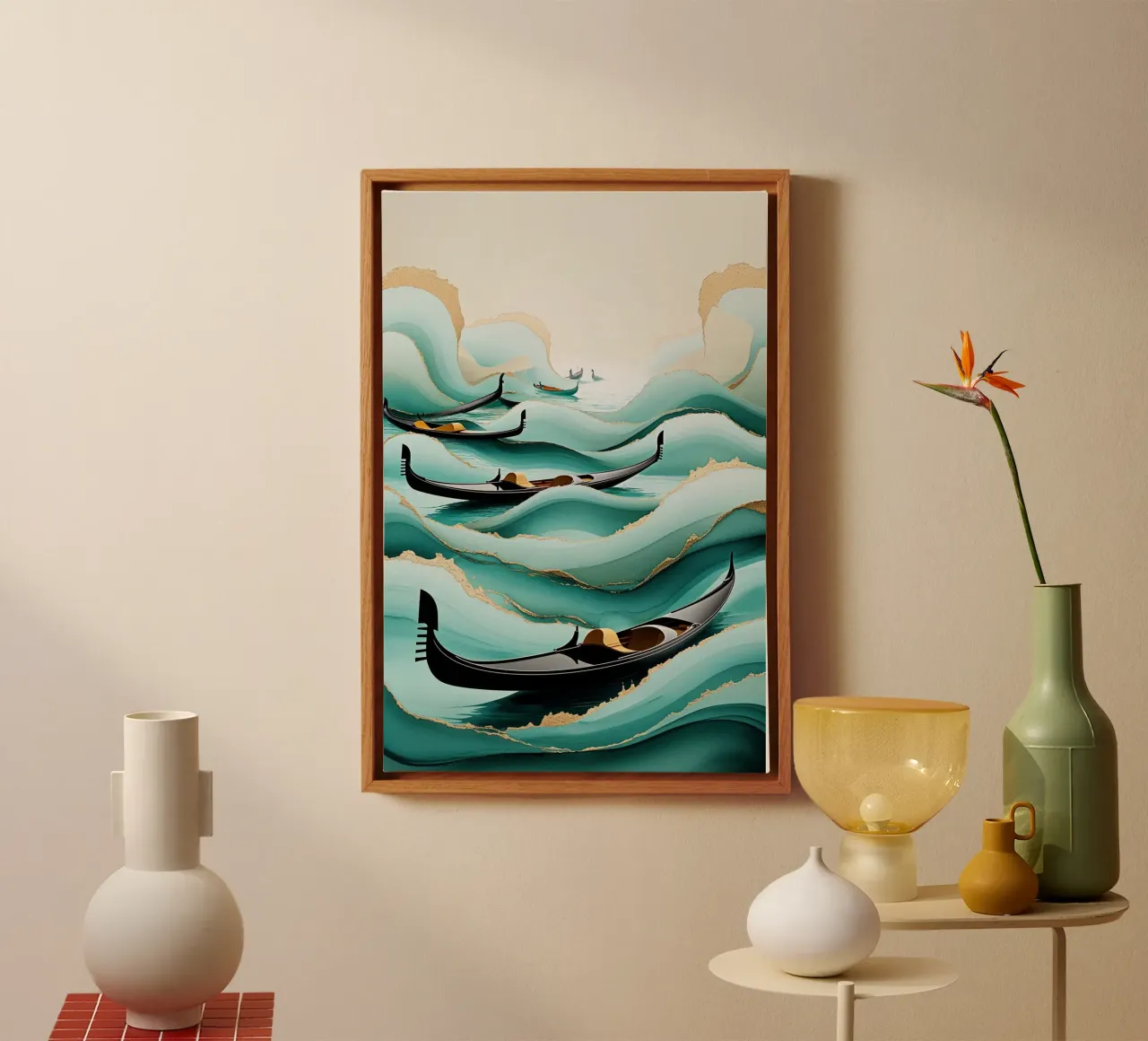 Surreal gondolas amidst textured teal waters lienzo con Marco flotante de AlbertKlee