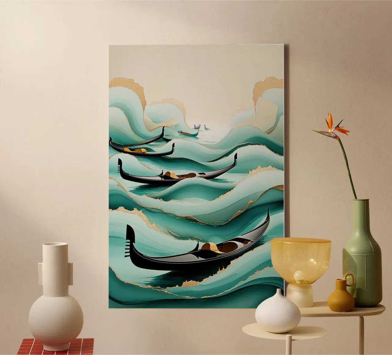 Surreal gondolas amidst textured teal waters lienzo con Marco flotante de AlbertKlee