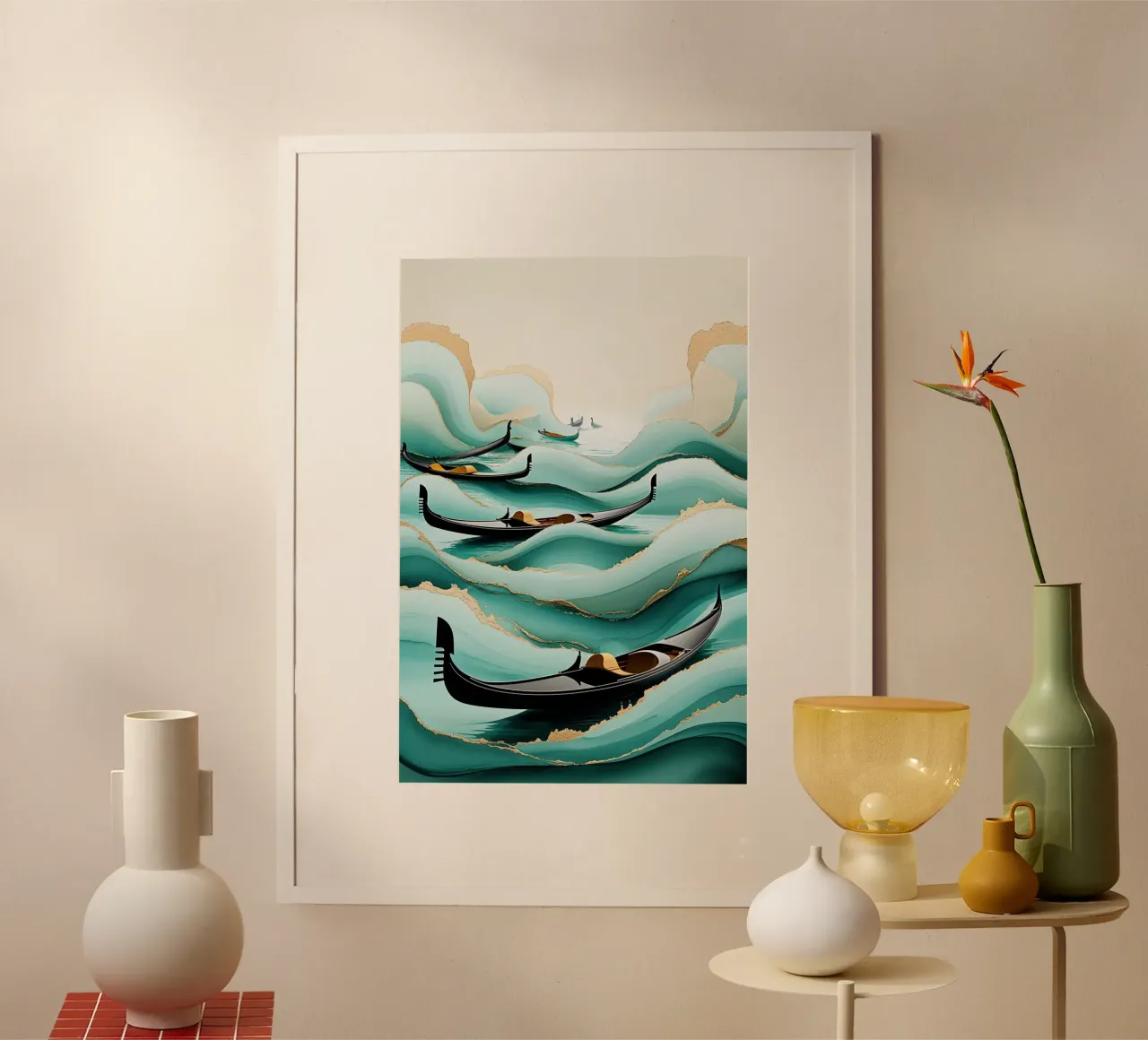 Surreal gondolas amidst textured teal waters poster con telaio in plastica da AlbertKlee