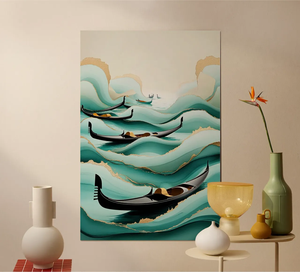 Surreal gondolas amidst textured teal waters poster con telaio in plastica da AlbertKlee
