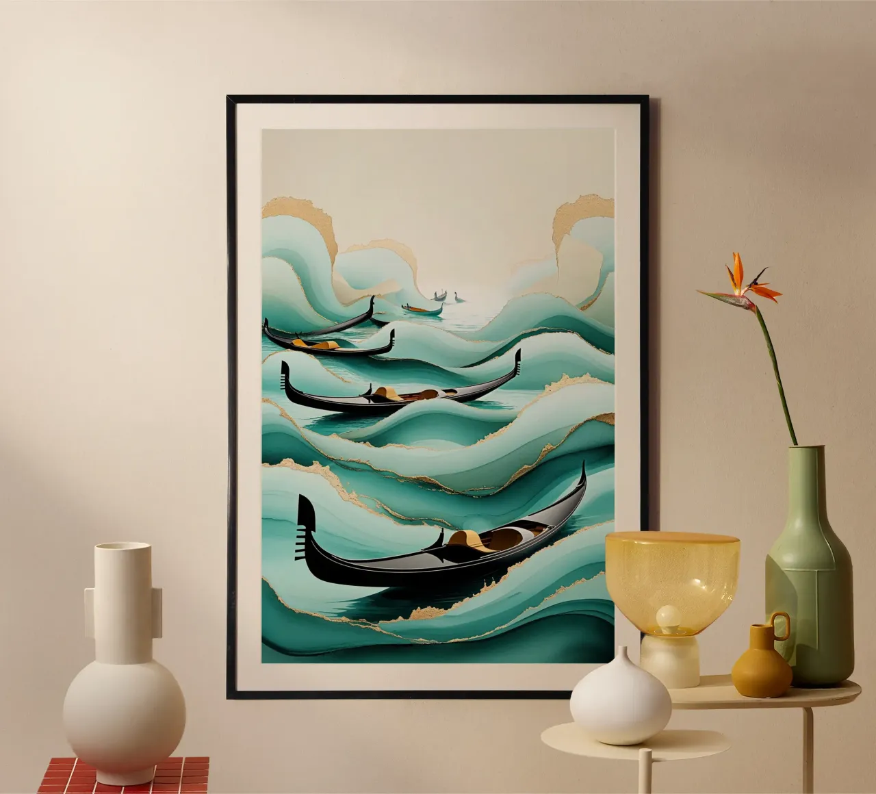 Surreal gondolas amidst textured teal waters poster con telaio in plastica da AlbertKlee