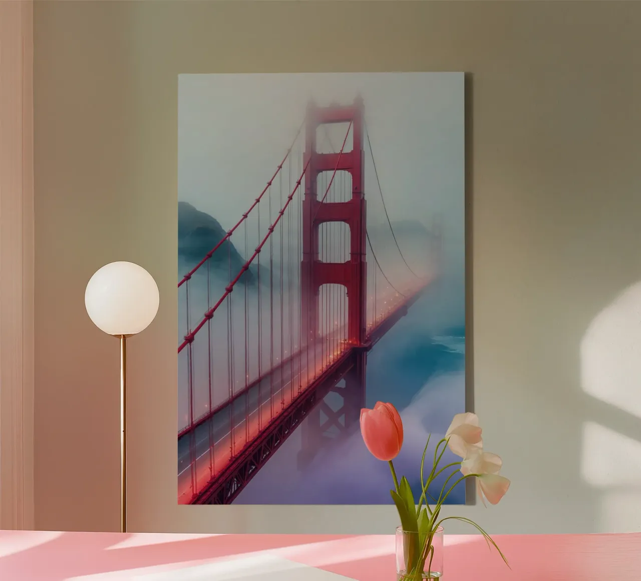 Golden Gate Bridge Veiled in Foggy Elegance canvas van AlbertKlee