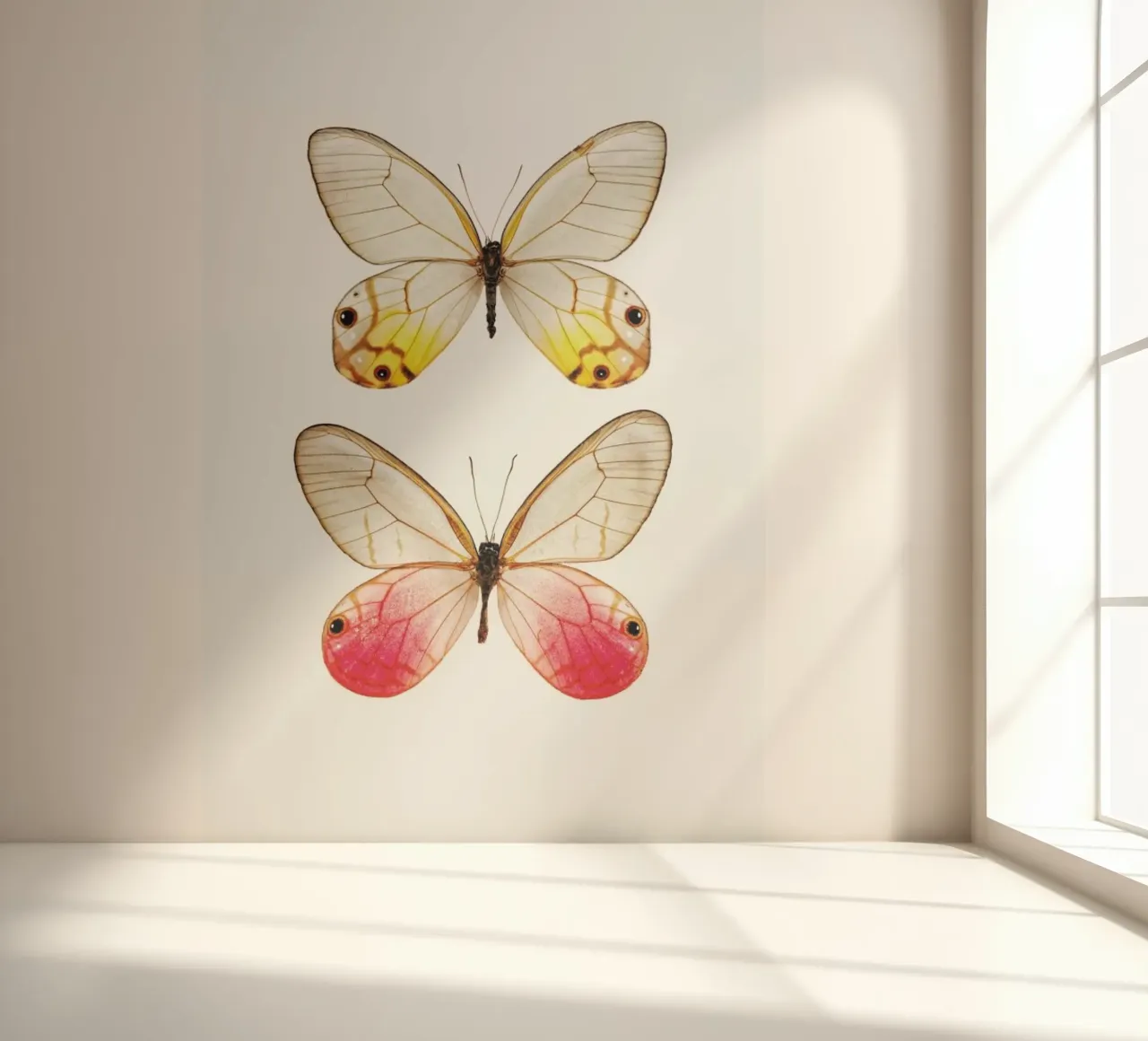 Sanfte Eleganz: Gelber und rosa Schmetterling Poster Fototapete von Curious Collections by Marielle Leenders