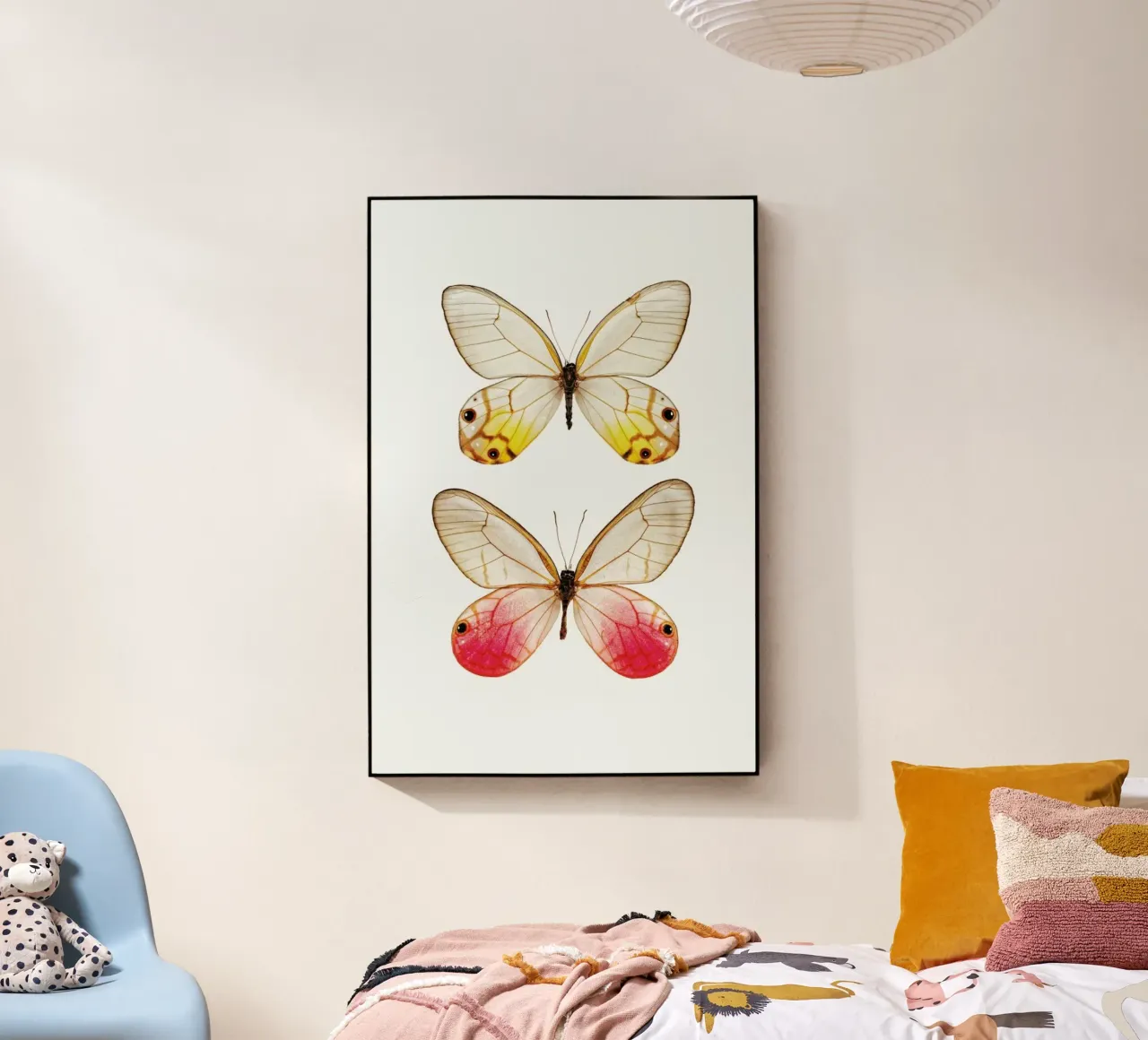 Élégance douce : Poster papillon jaune et rose plexiglas de Curious Collections by Marielle Leenders