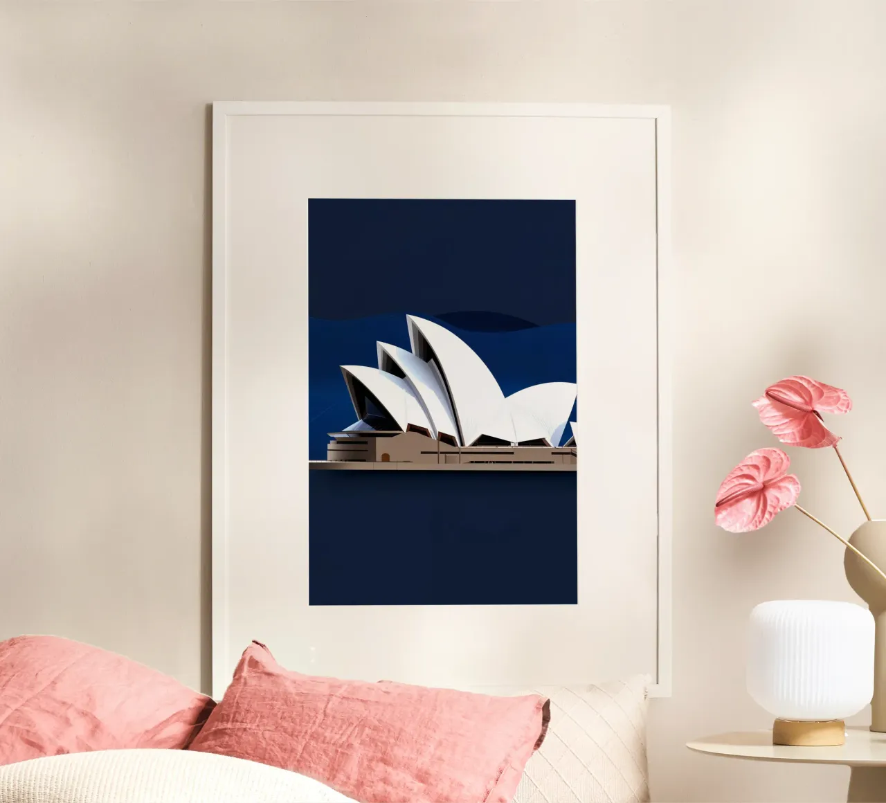 Opera House Sails: Abstract Evening Glow poster con telaio in legno da AlbertKlee