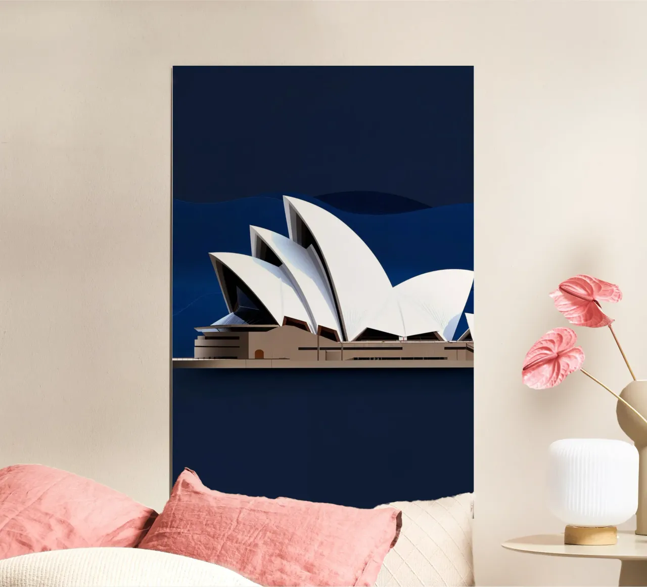 Opera House Sails: Abstract Evening Glow poster con telaio in legno da AlbertKlee