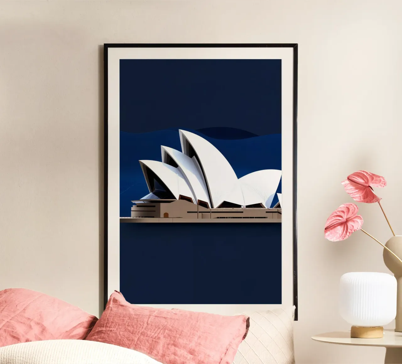 Opera House Sails: Abstract Evening Glow poster con telaio in legno da AlbertKlee