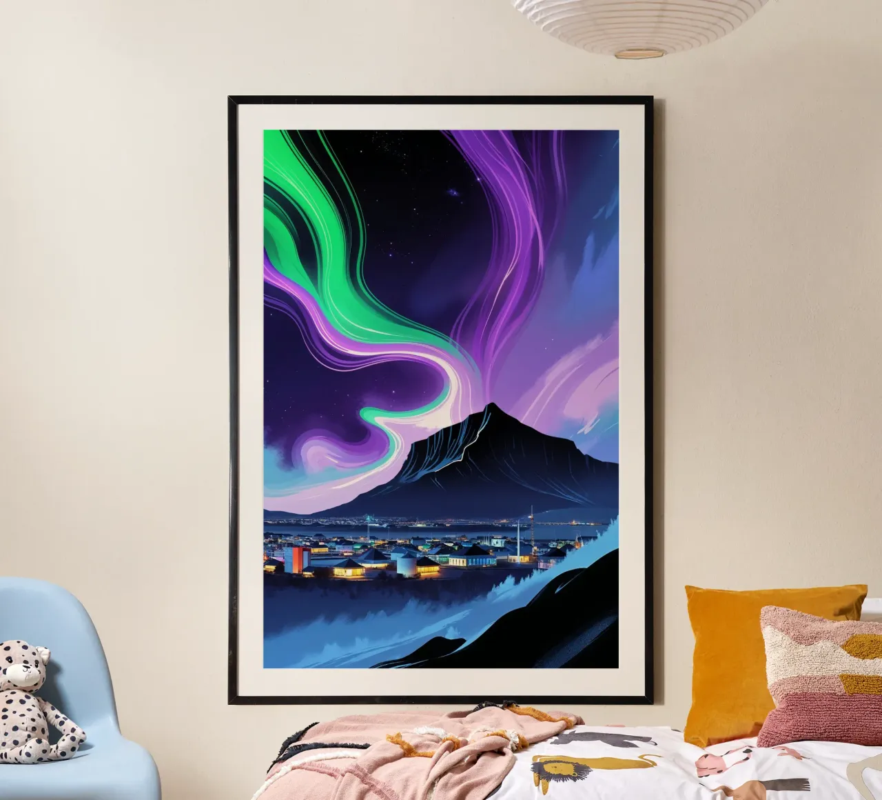 Mountain Majesty Under Aurora Hues poster con telaio in plastica da AlbertKlee