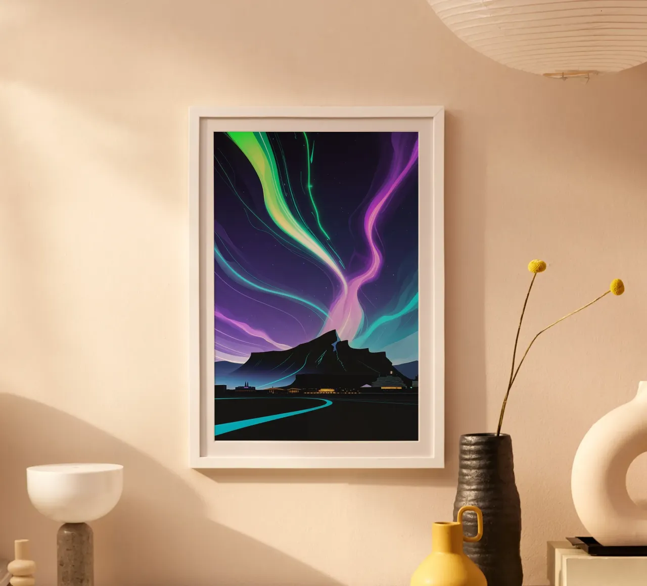 City Lights Meet Celestial Glow poster con telaio in legno da AlbertKlee