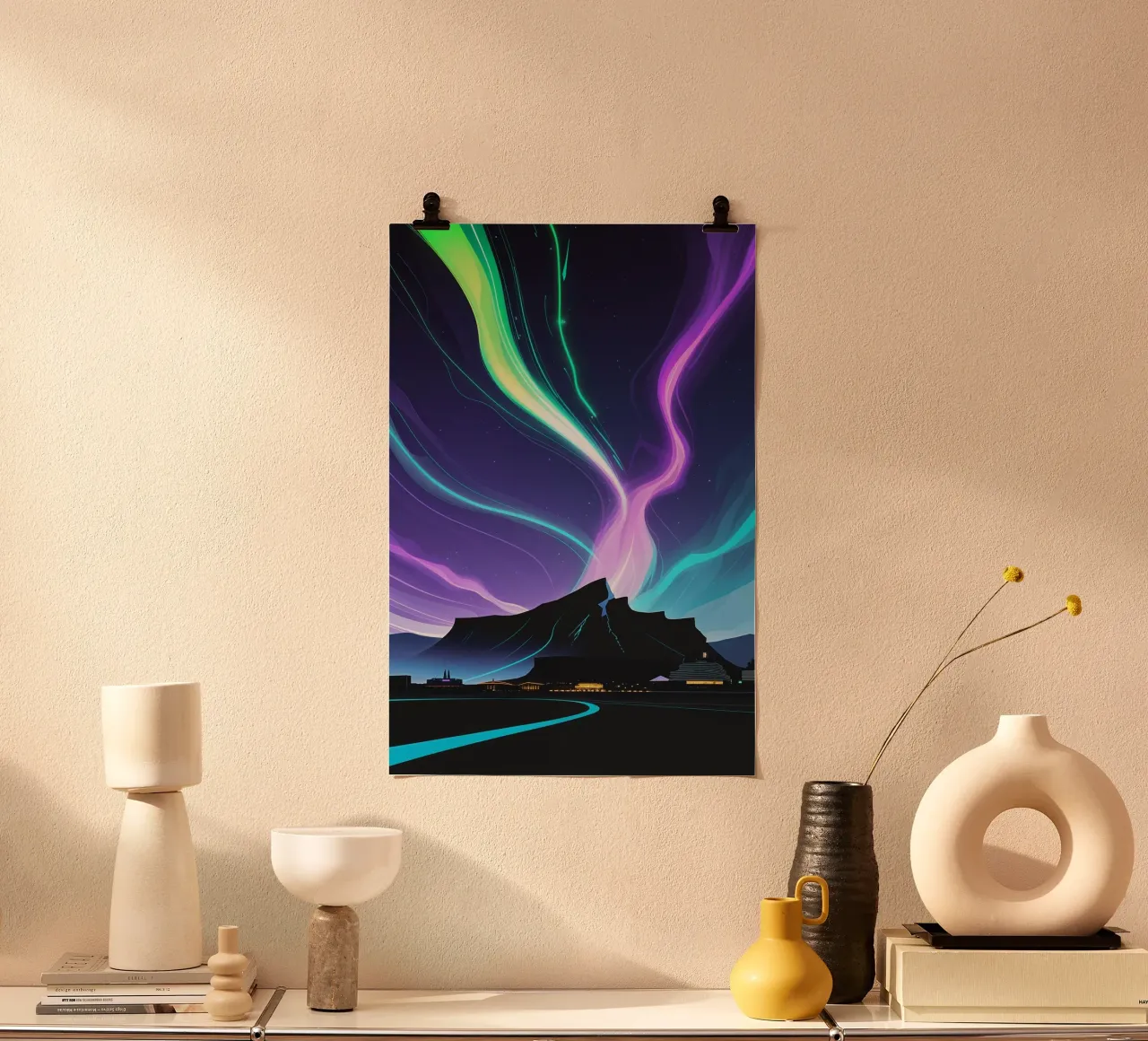 City Lights Meet Celestial Glow poster con telaio in legno da AlbertKlee