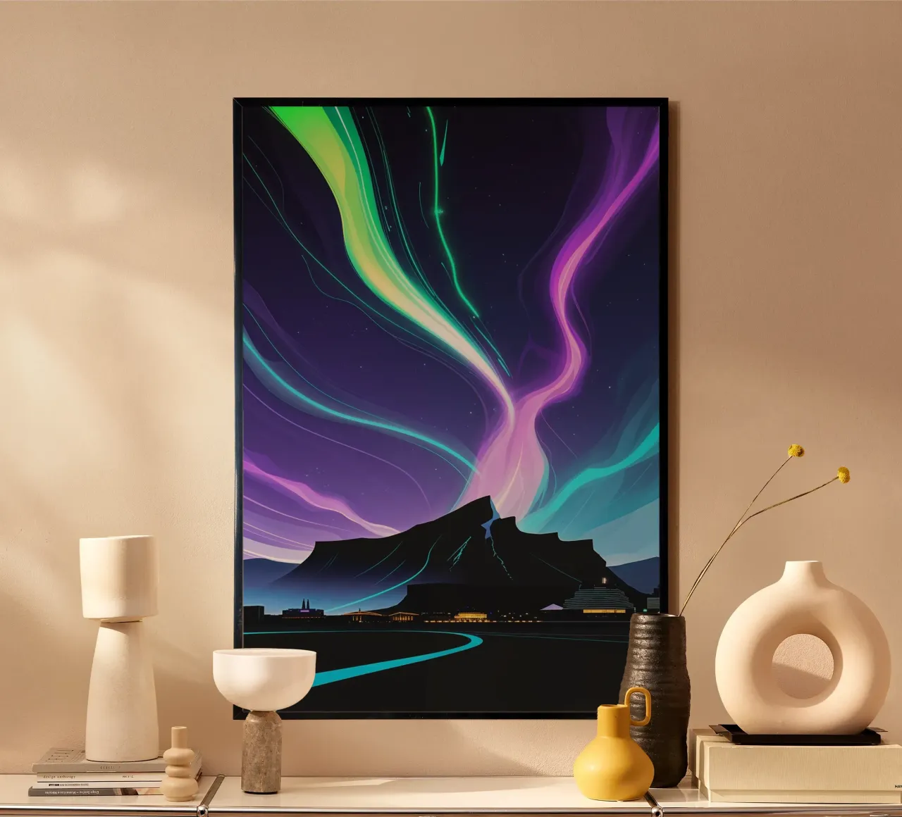 City Lights Meet Celestial Glow poster con telaio in legno da AlbertKlee