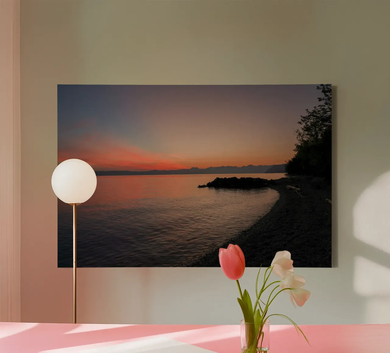 Dageraad op het meer canvas met Baklijst van Atelier_SousleMont_Photography