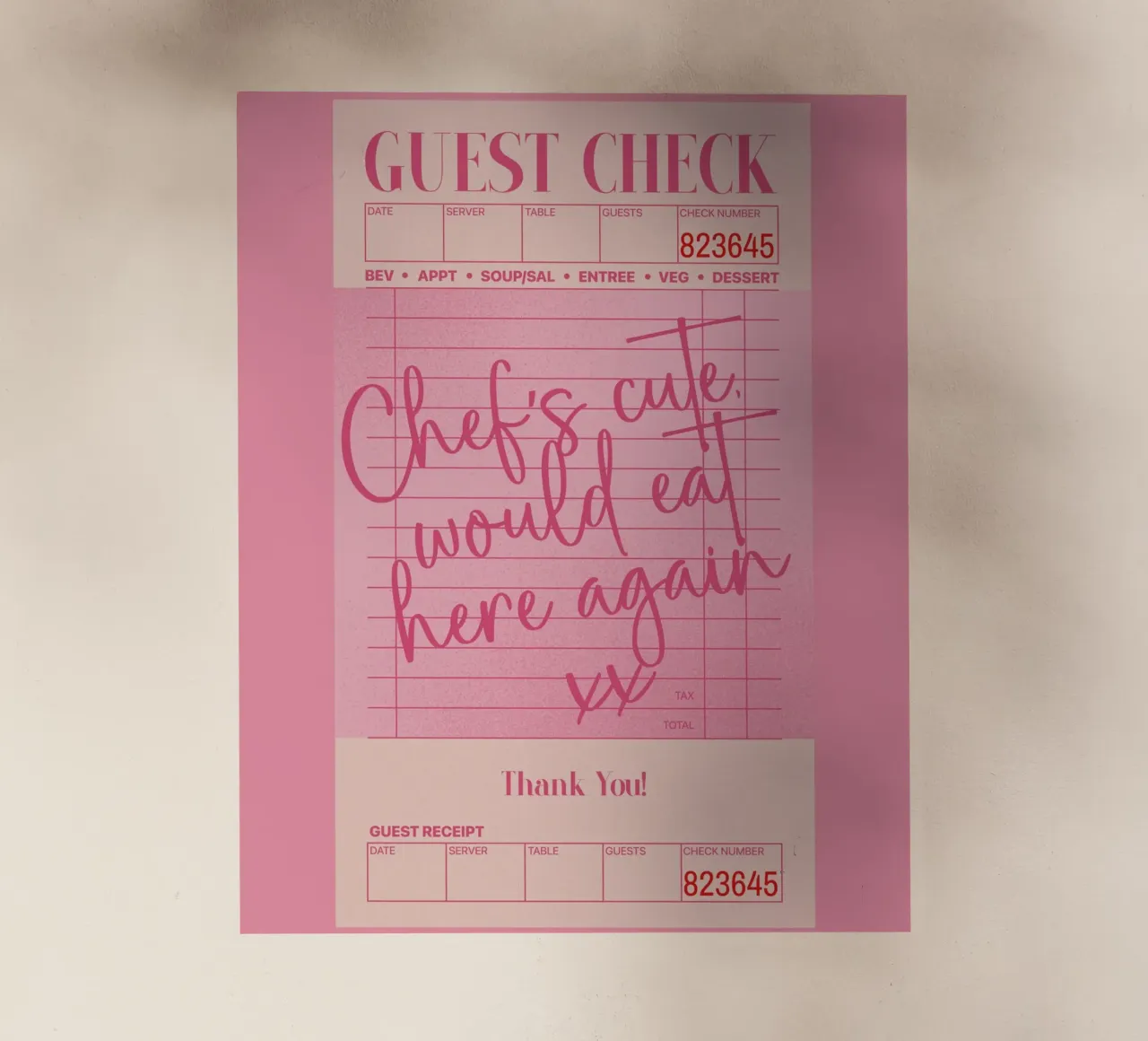 Guest Check Poster, Chef's Cute Print, Pink Wall Art backlit film by PrintStudio