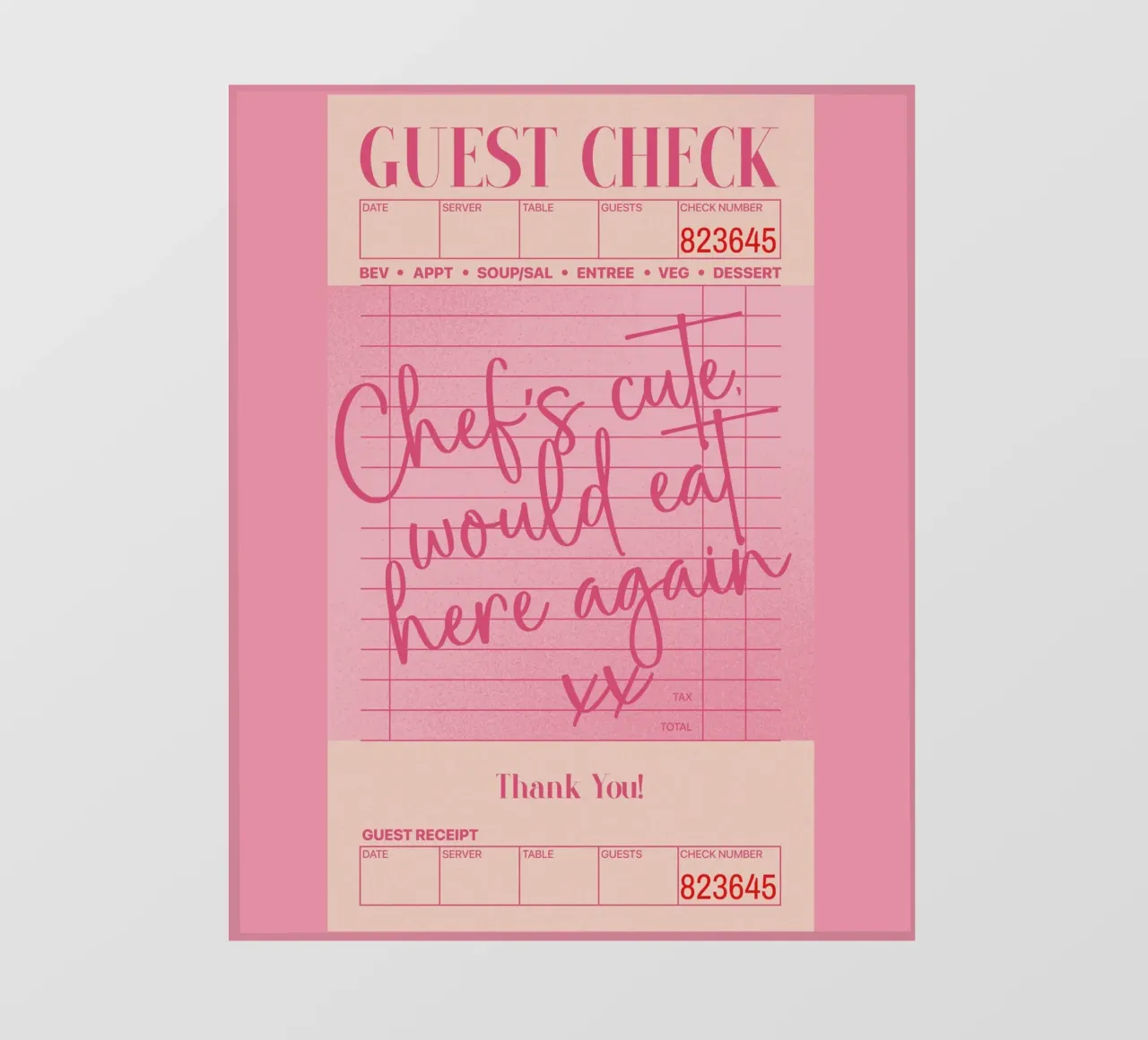 Guest Check Poster, Chef's Cute Print, Pink Wall Art backlit film by PrintStudio
