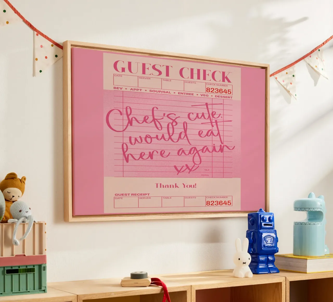 Guest Check Poster, Schattige Kok Print, Roze Wanddecoratie canvas met Baklijst van PrintStudio