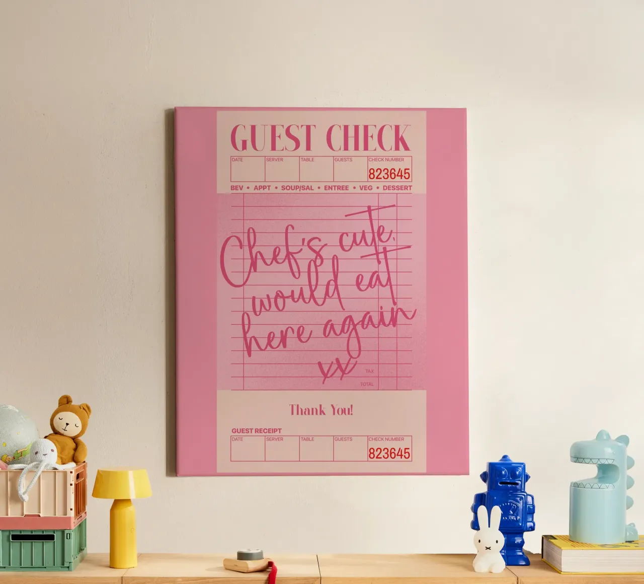 Guest Check Poster, Schattige Kok Print, Roze Wanddecoratie canvas met Baklijst van PrintStudio
