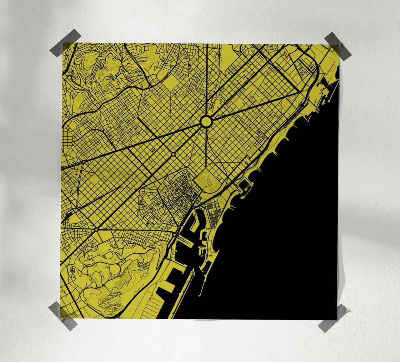 Barcelona Yellow poster con telaio in alluminio da Urban Maps