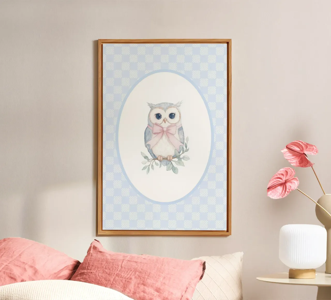 Gufo con fiocco rosa alluminio dibond da Jungle Joy Art