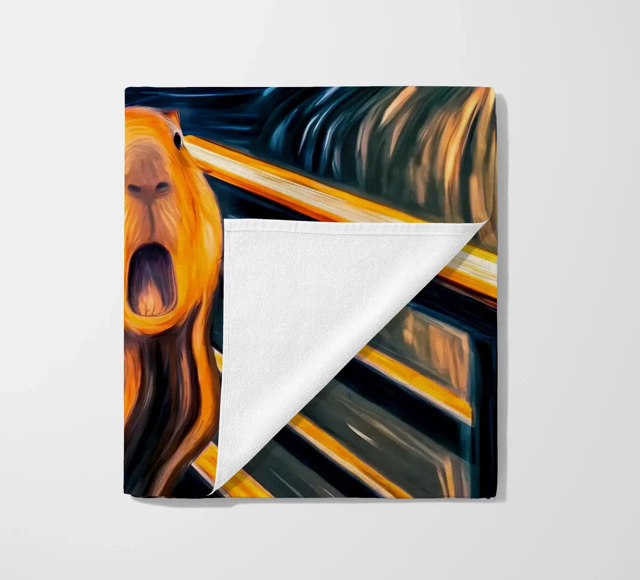 The Scream of the Capybara - A Modern Masterpiece beach towel by flufftee