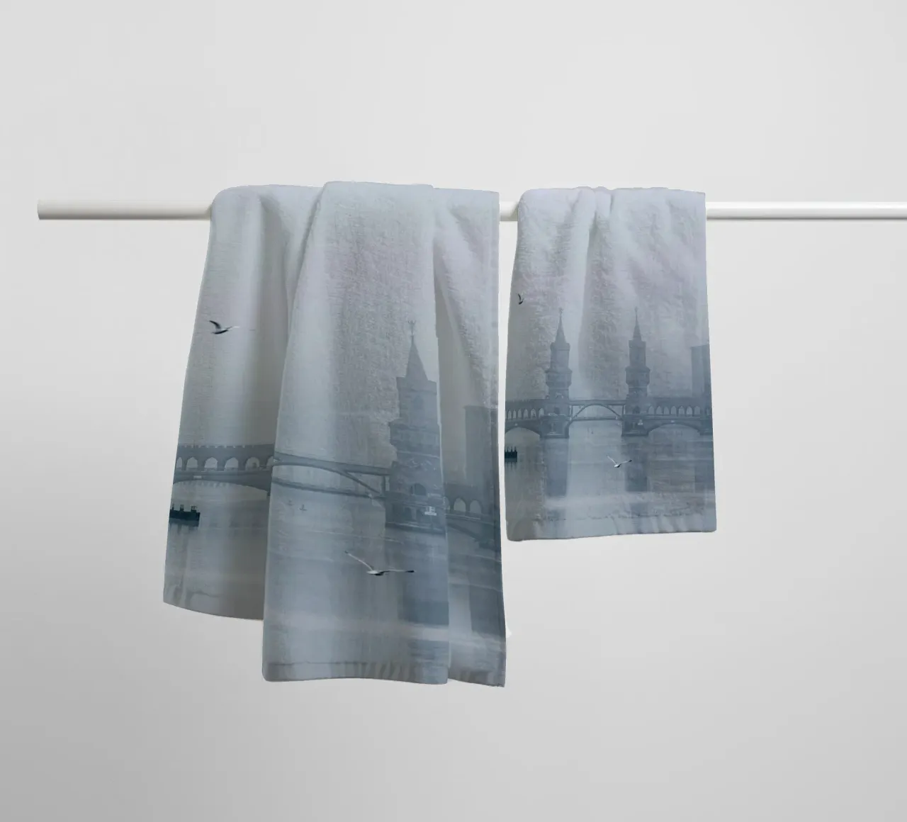 Oberbaum Bridge in the winter fog towel by Henk Henkel