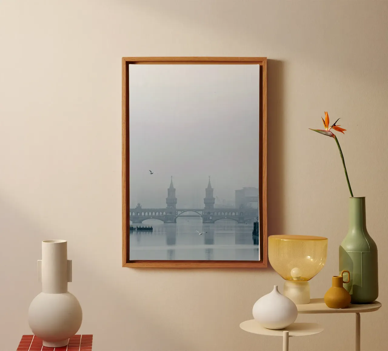 Oberbaum Bridge in the winter fog canvas with Floater frame by Henk Henkel