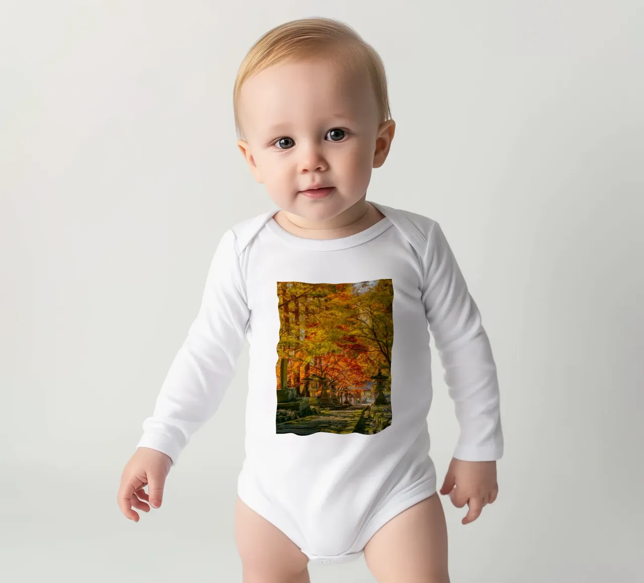 Autumn Shrine in Nagano, Japan long-sleeve baby romper by Marcel Bisig
