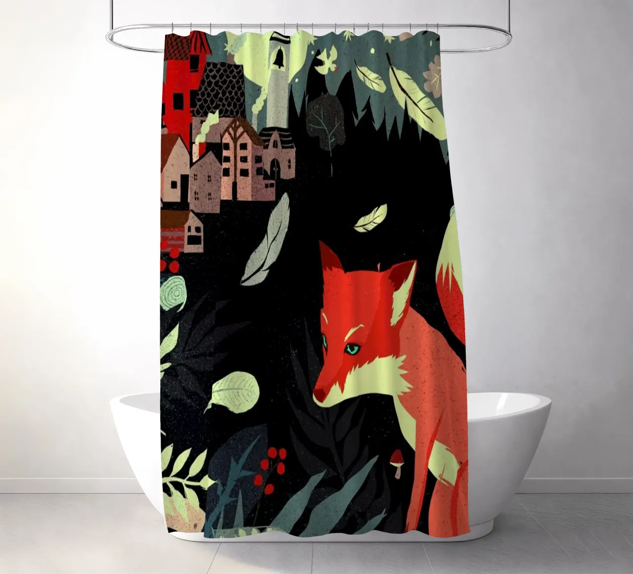 Fox And The Village shower curtain by Kateřina Bažantová
