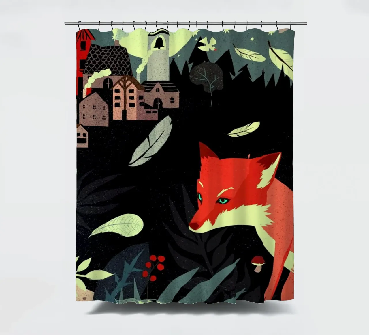 Fox And The Village shower curtain by Kateřina Bažantová