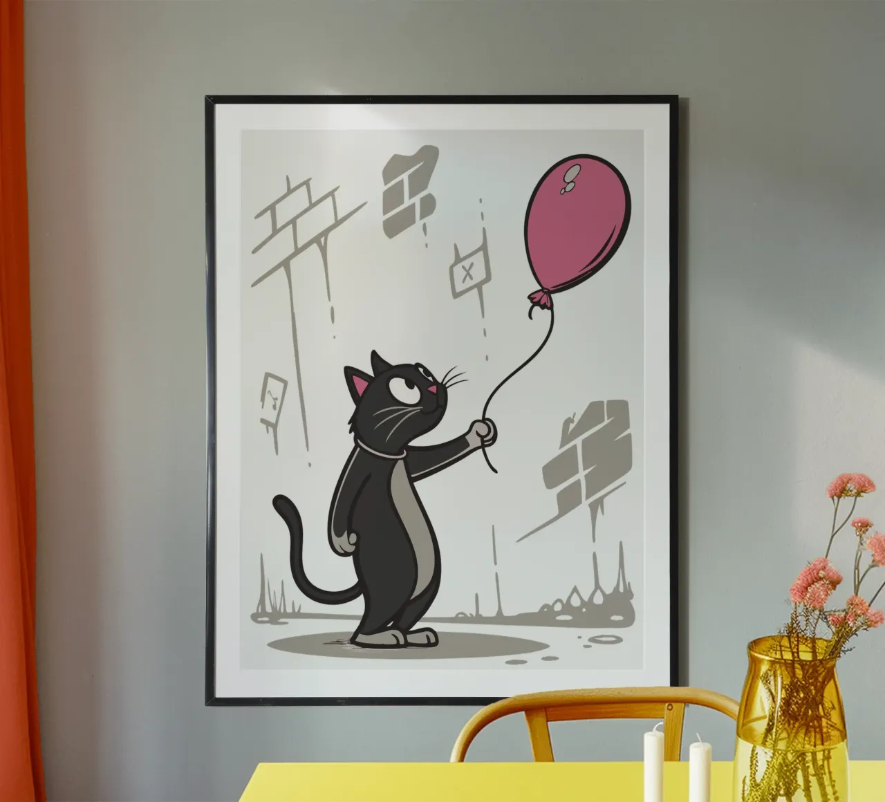 Cartoon Cat with Pink Balloon - Whimsical Illustration poster by flufftee