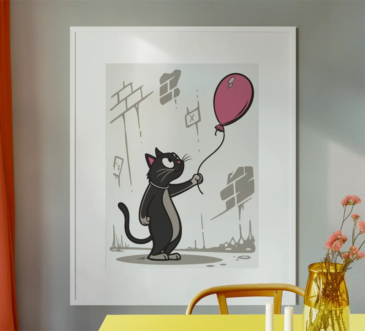 Cartoon Cat with Pink Balloon - Whimsical Illustration poster by flufftee