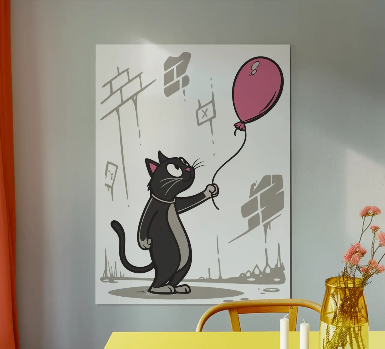 Cartoon Cat with Pink Balloon - Whimsical Illustration poster by flufftee