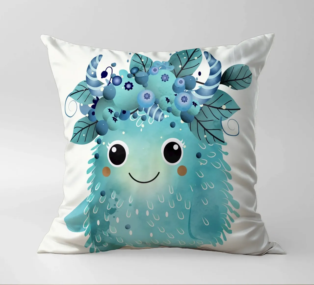 Cheerful blueberry monster with a wreath of berries decorative cushion by namosh