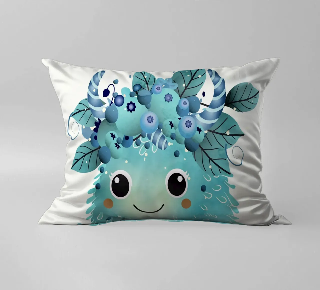 Cheerful blueberry monster with a wreath of berries decorative cushion by namosh